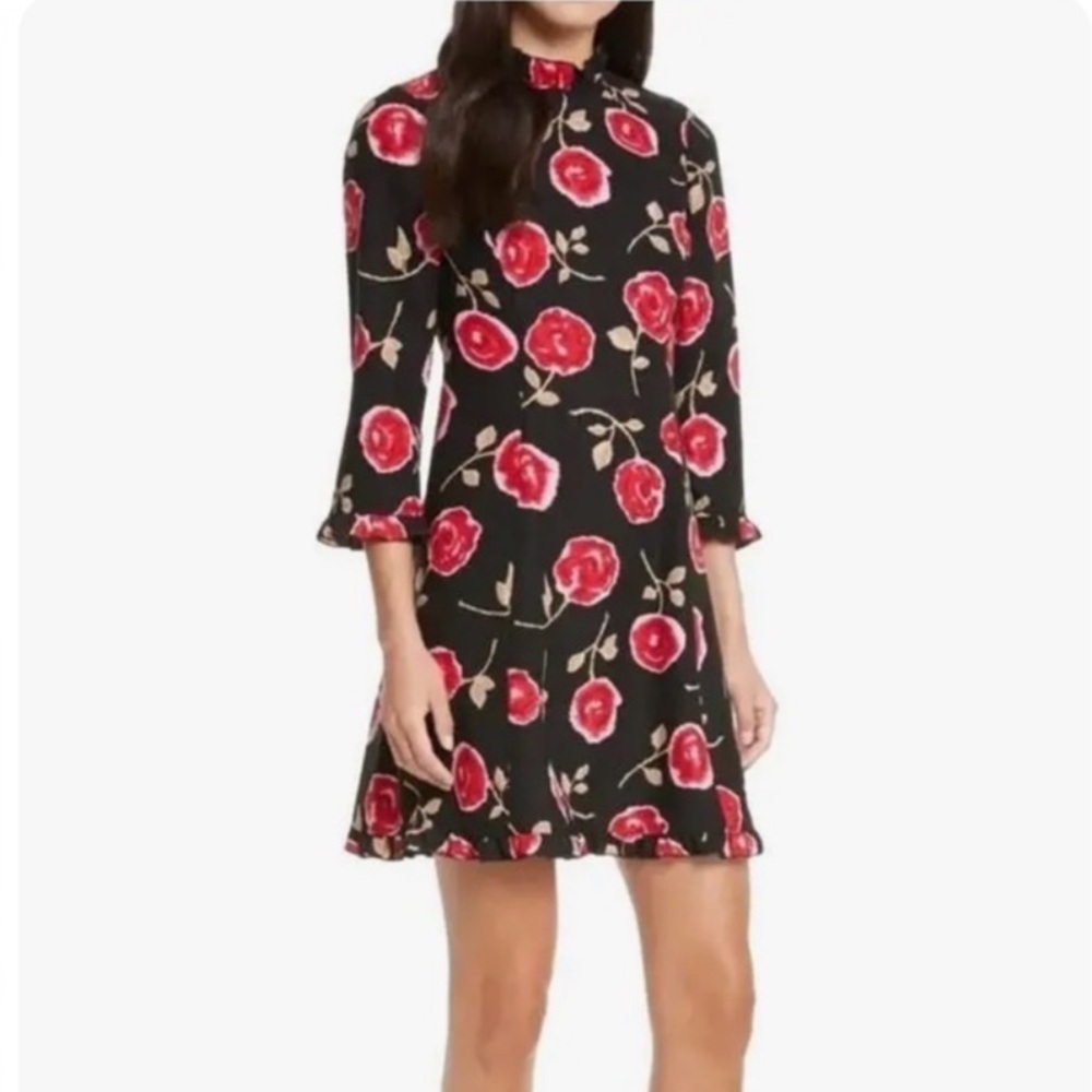 Kate Spade Hazy Rose Dress Womens Size 6 Floral Black Red 3/4 Sleeve
